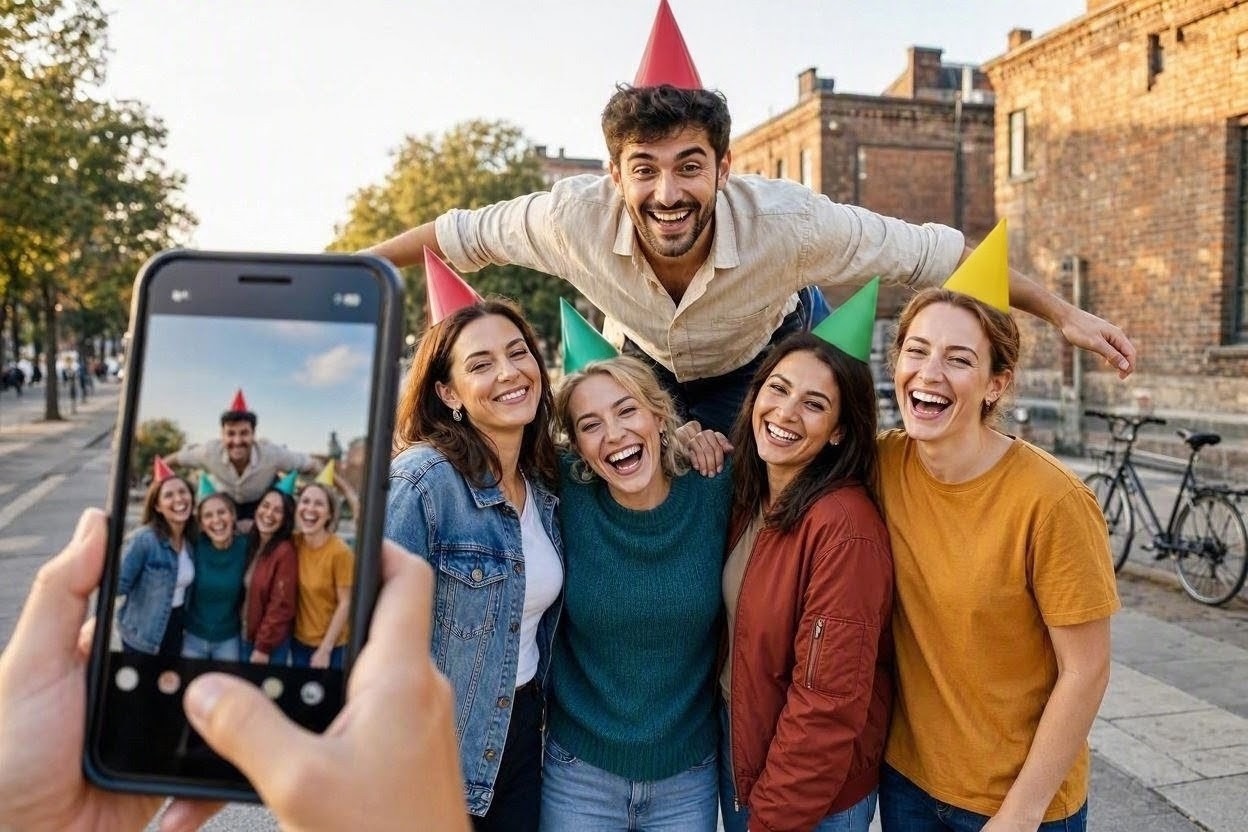 Fünf Freunde mit bunten Partyhüten lachen gemeinsam auf einer Straße, einer sitzt auf Schultern - im Vordergrund fotografiert eine Hand die Gruppe mit dem Handy